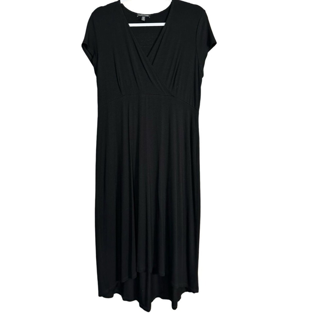 Eileen Fisher Black knit Jersey v-neck sleeveless high low Dress Size Medium